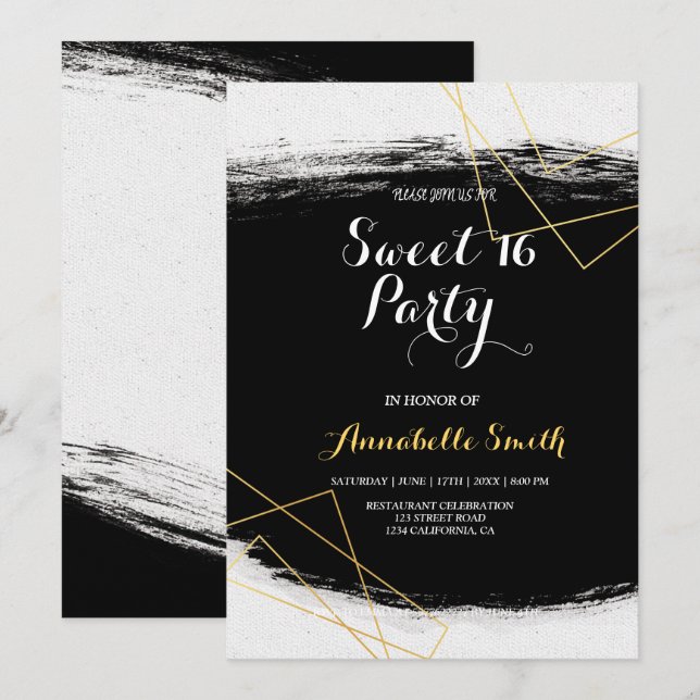 Modern Black & Gold  Watercolor Geometric sweet 16 Invitation (Front/Back)