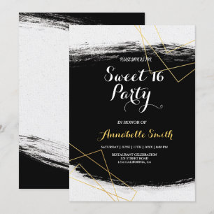 Modern Black & Gold  Watercolor Geometric sweet 16 Invitation