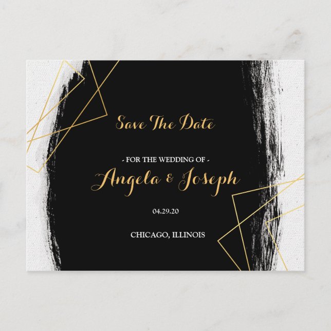 Modern Black & Gold Watercolor GeometSave the Date Postcard (Front)