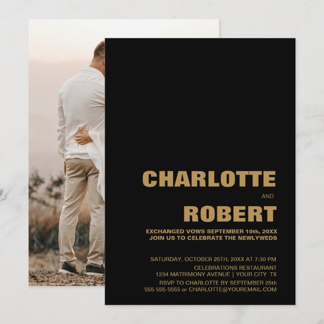 Modern Black Gold Wedding Reception Invitation (Front/Back)