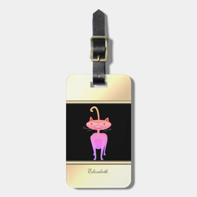 Modern Black,Gold,Whimsical Cat-Personalized Luggage Tag (Front Vertical)
