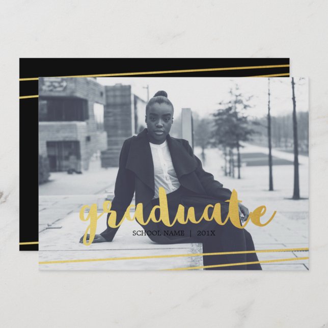 Modern Black, Gold, & White Graduate Invitations (Front/Back)