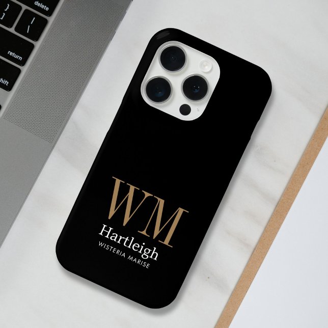 Modern Black Gold White Monogram Name Case-Mate iPhone Case (Creator Uploaded)