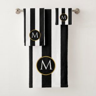 Modern Black Gold White stripes monogram Bath Towe Bath Towel Set