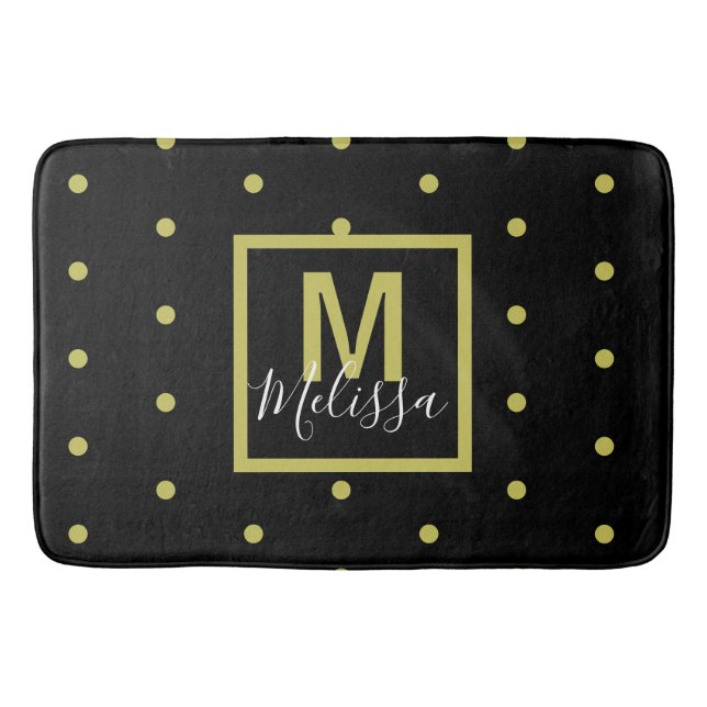 Modern Black Golden Circle Pattern Monogram Bath Mat (Front)