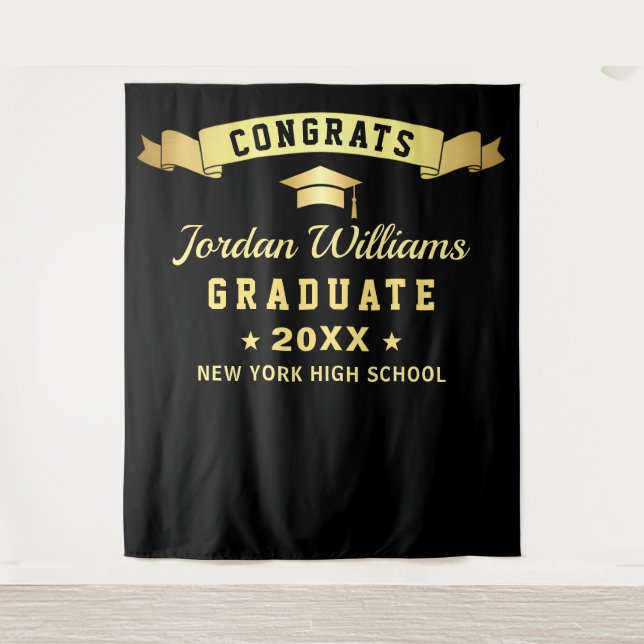 Modern Black Golden Graduation Photo Backdrop Tapestry (Front)