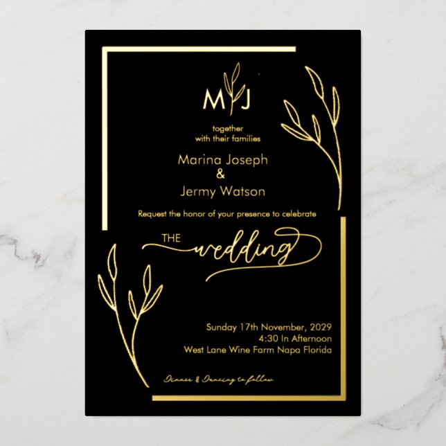 Modern Black & Golden Leaflet Border Monogram (Front)