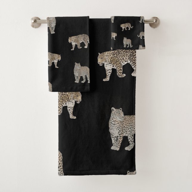 Modern Black Golden Leopard Jungle Animals Bath Towel Set (Insitu)