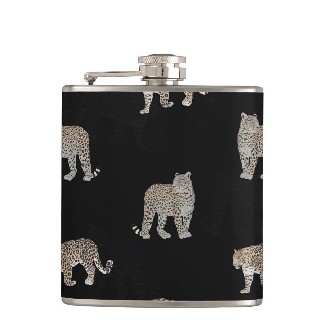 Modern Black Golden Leopard Jungle Animals Hip Flask (Front)