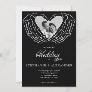 Modern Black Gothic Photo Skeleton Hands Wedding Invitation