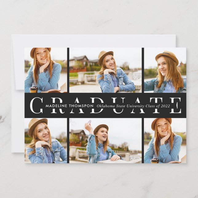 Modern Black Graduate 6 Photo Collage Graduation Invitation (Front)