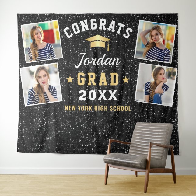 Modern Black Graduation 4 Photo Booth Backdrop Tapestry (In Situ (Horizontal))