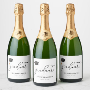 Modern Black Graduation Cap Script Class of 2025 Sparkling Wine Label