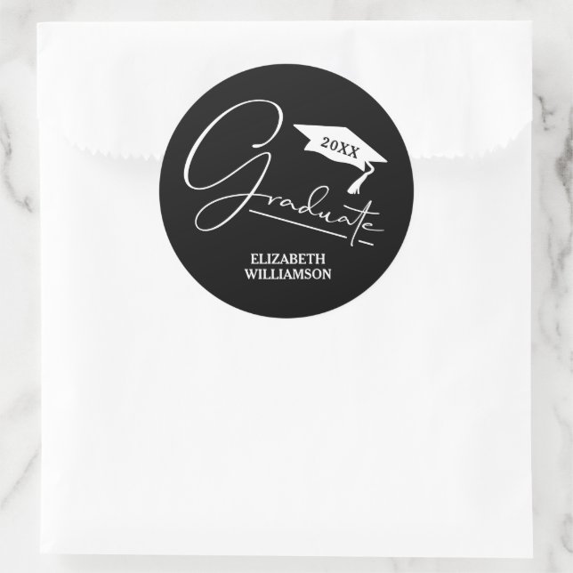 Modern Black Graduation Party Classic Round Sticker (Bag)