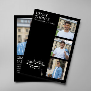 Modern Black Graduation Photo Collage Party Card