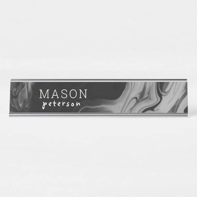 Modern Black Gray Abstract Liquid Marble Office Desk Name Plate (Front)