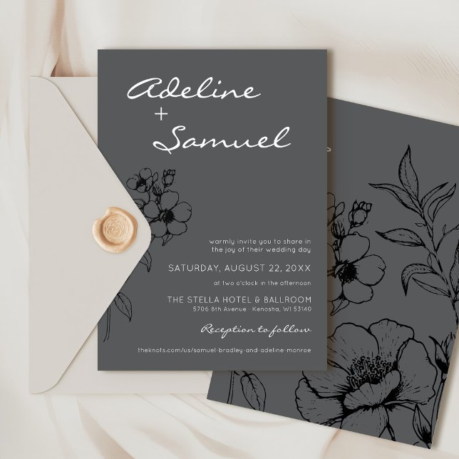 Modern Black & Gray Floral Simple Elegant Wedding Invitation (Simple elegant classic charcoal gray, black and white modern floral wildflower wedding invitation)