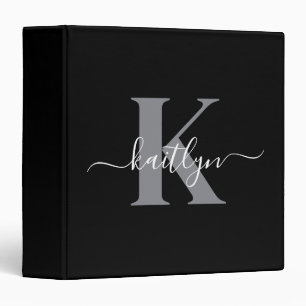 Modern Black Gray Script Monogram Binder