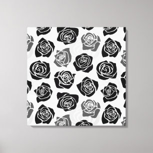 Modern Black Gray White Rose Flower Pattern Canvas Print