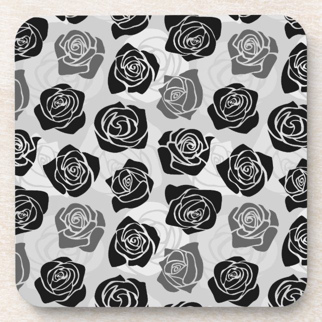 Modern Black Gray White Rose Flower Pattern Coaster (Front)