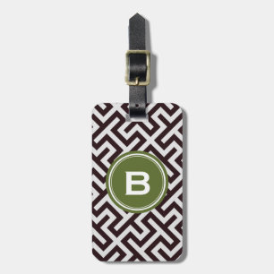 Modern black greek key geometric pattern monogram luggage tag