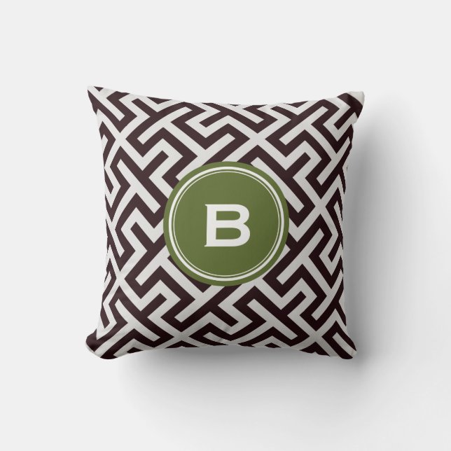 Modern black greek key geometric pattern monogram throw pillow (Front)