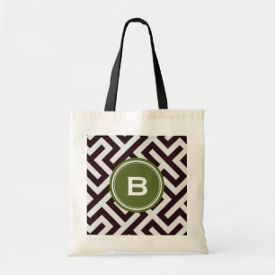 Modern black greek key geometric pattern monogram tote bag