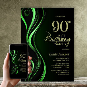 Modern Black Green 90th Birthday Party Invitation