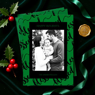 Modern Black & Green “Blessed” Script Photo Holiday Card