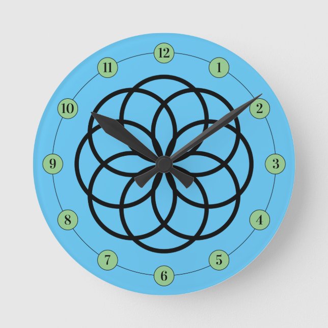 Modern Black Green Blue Flower Design Round Clock (Front)
