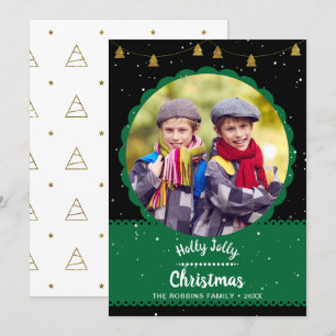 Modern Black Green Holly Jolly Christmas Photo Holiday Card