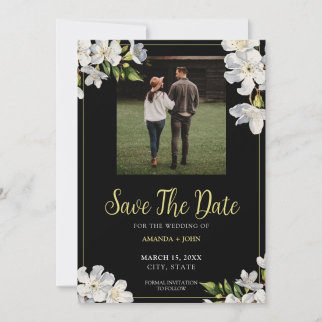 Modern Black & Green Jasmine Floral Save The Date (Front)
