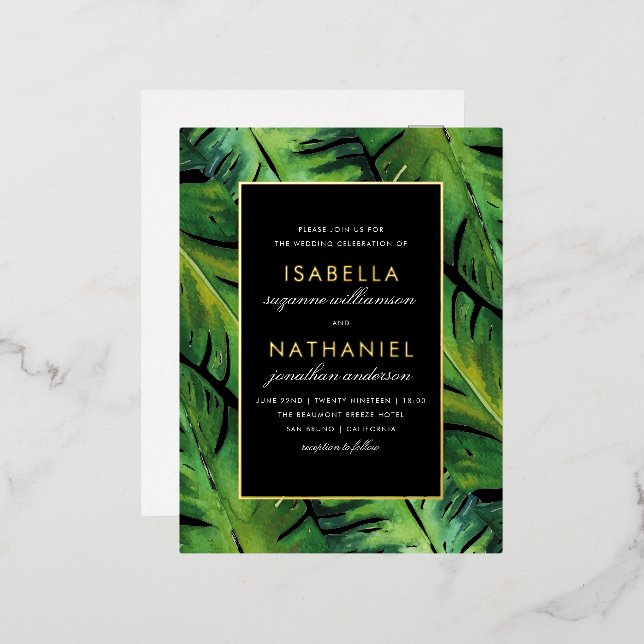 Modern Black & Green Tropical Leaves Wedding Foil Invitation Postcard (Front/Back)