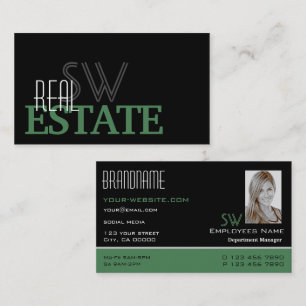 Modern Black Green White with Monogram and Photo Business Card