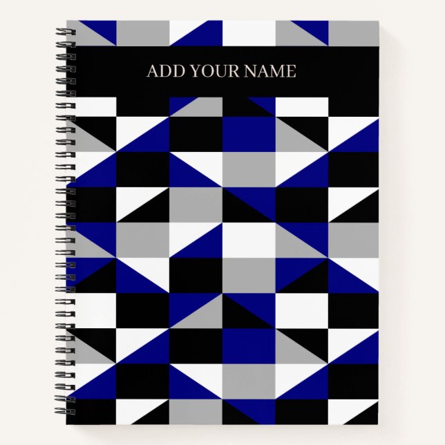 Modern Black Grey Blue Geometric Pattern With Name Notebook (Front)