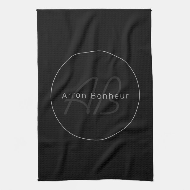 Modern Black & Grey | Cool Name & Monogram Kitchen Towel (Vertical)