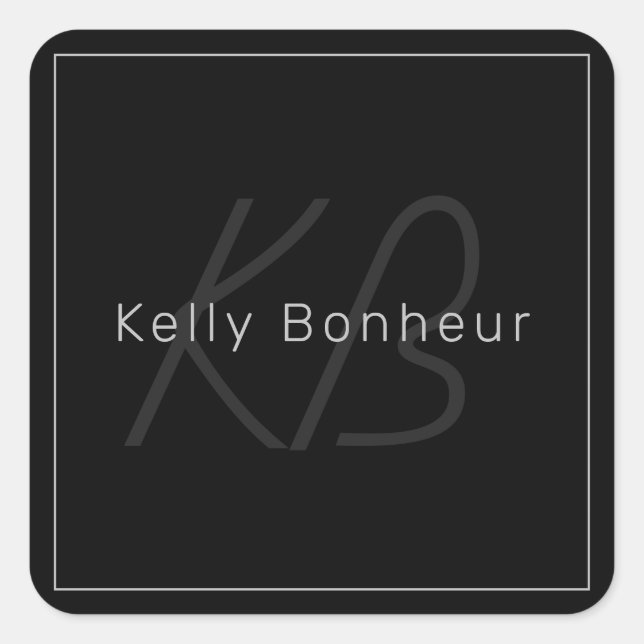 Modern Black & Grey | Cool Name & Monogram Square Sticker (Front)