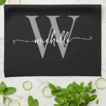 Modern Black Grey Custom Monogram Name Script Kitchen Towel<br><div class="desc">Girly Modern Elegant Black and Grey Monogram Initial Name Signature Script Custom Personalized Kitchen Towel. This design featuring your first name in a pretty hand lettered style swash tail font typography (or calligraphy) with monogram initial in grey and white on black. These are easy to customize it. Great stylish feminine...</div>