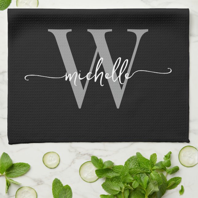 Modern Black Grey Custom Monogram Name Script Kitchen Towel (Folded)