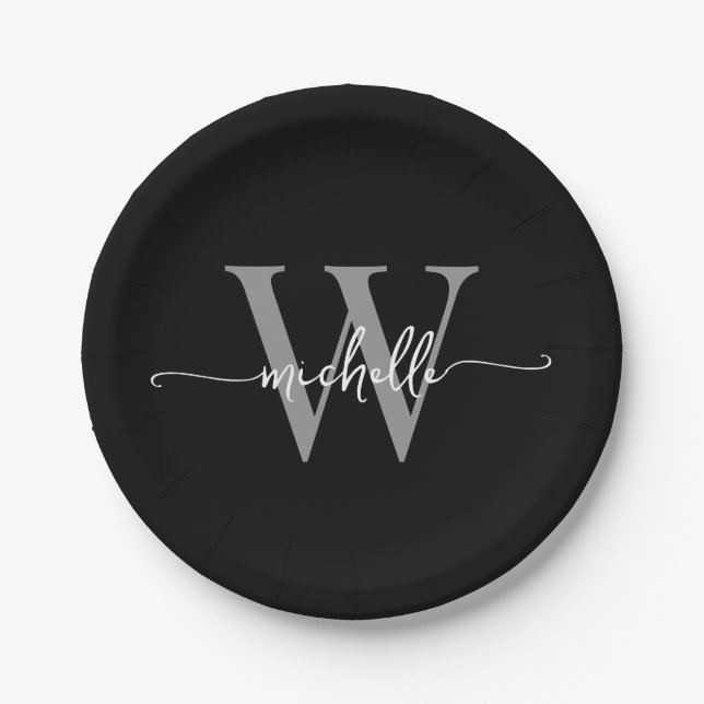 Modern Black Grey Custom Monogram Name Script Paper Plate (Front)