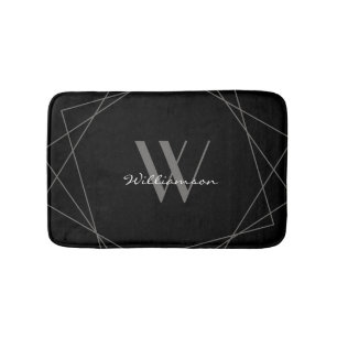 Modern Black Grey Elegant White Monogram Script Bath Mat