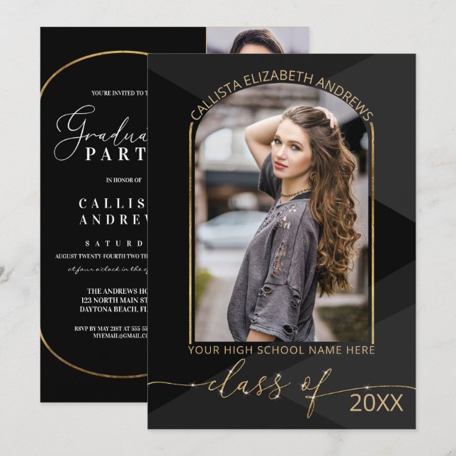 Modern Black Grey Geometric Photo Graduation Invit Invitation (Front/Back)