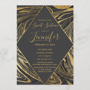 Modern Black Grey Gold Marble Swirl Sweet 16 Invitation