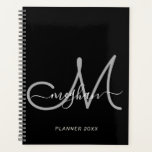 Modern Black Grey Handwritten Script Monogram 2022 Planner<br><div class="desc">Modern, trendy girly black and grey script custom personalized name and monogrammed planner. This simple elegant design features white first name template in cursive hand lettering font with swashes in white and a huge hand-written monogram initial script in grey colour on black background. This feminine, pretty notebook is a perfect...</div>