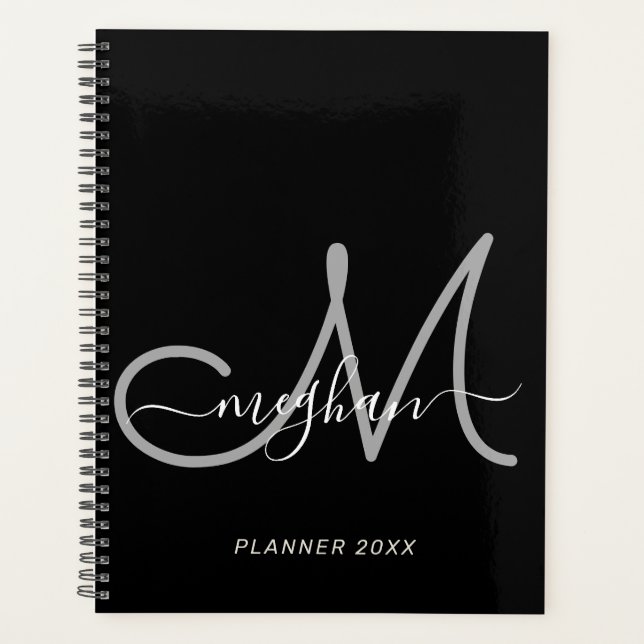 Modern Black Grey Handwritten Script Monogram 2022 Planner (Front)