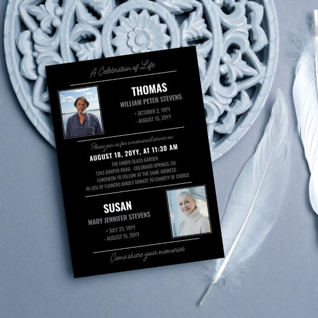 Modern Black Grey Life Celebration Double Memorial Invitation (Creator Uploaded)