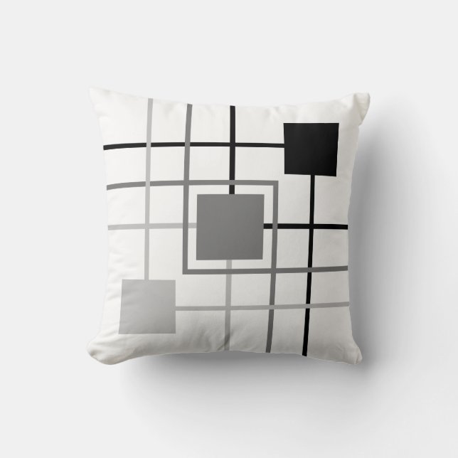 Modern Black Grey Lines & Squares Throw Pillow (Front)