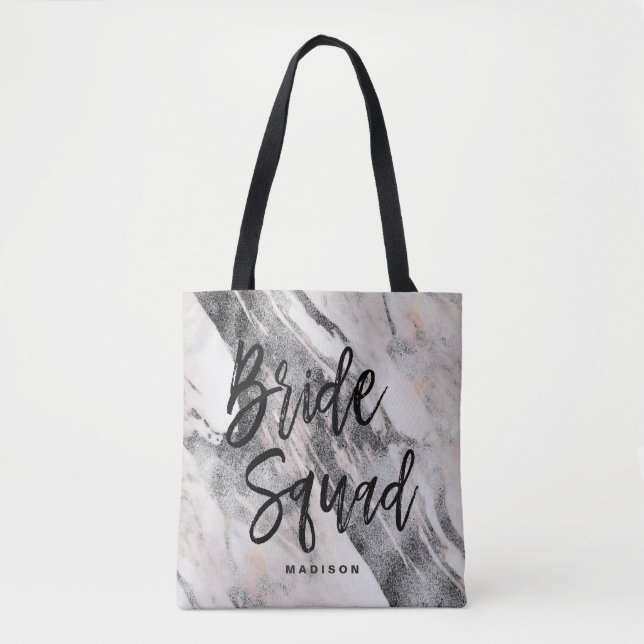 Modern Black & Grey Marble Bride Tribe Monogram Tote Bag (Front)