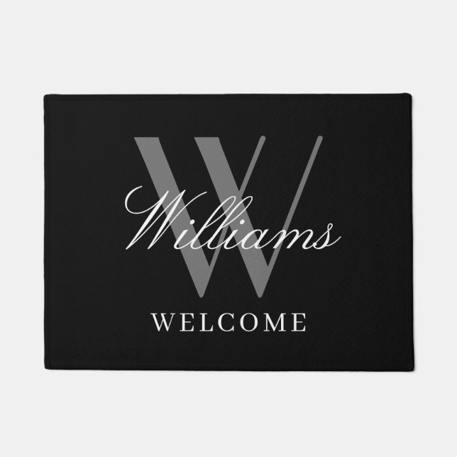 Modern Black Grey Monogram Newlyweds Name Wedding Doormat (Front)
