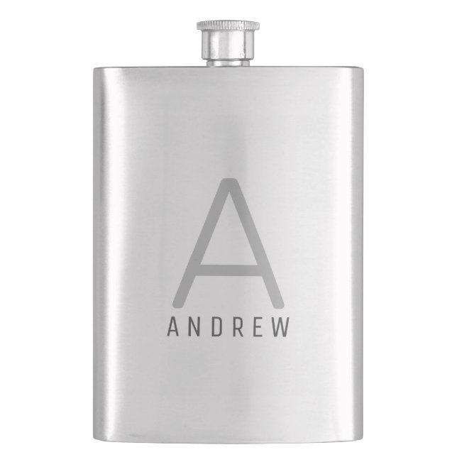 Modern Black Grey Monogram Personalized Hip Flask (Front)